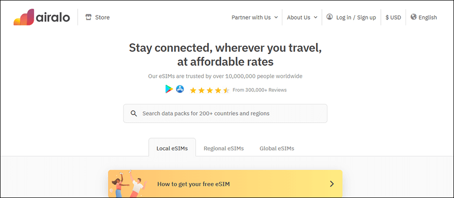 Airalo eSIM platform showing global data plans and top-up options
