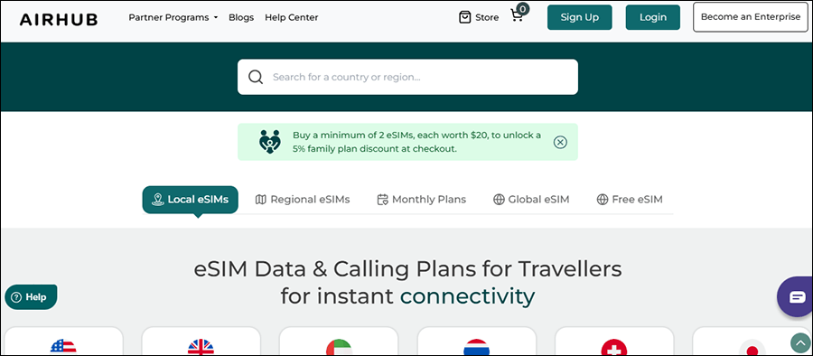 Airhub eSIM platform with regional data plan options