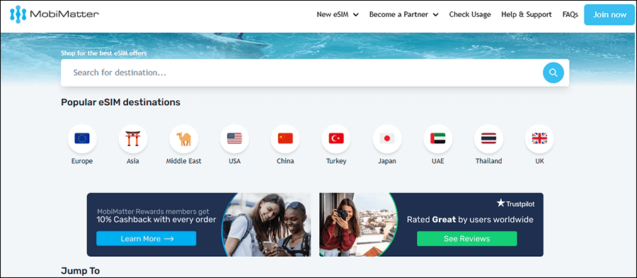 Mobimatter eSIM marketplace interface showing available data plans