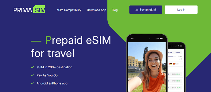 PrimaSIM app displaying international eSIM data plans